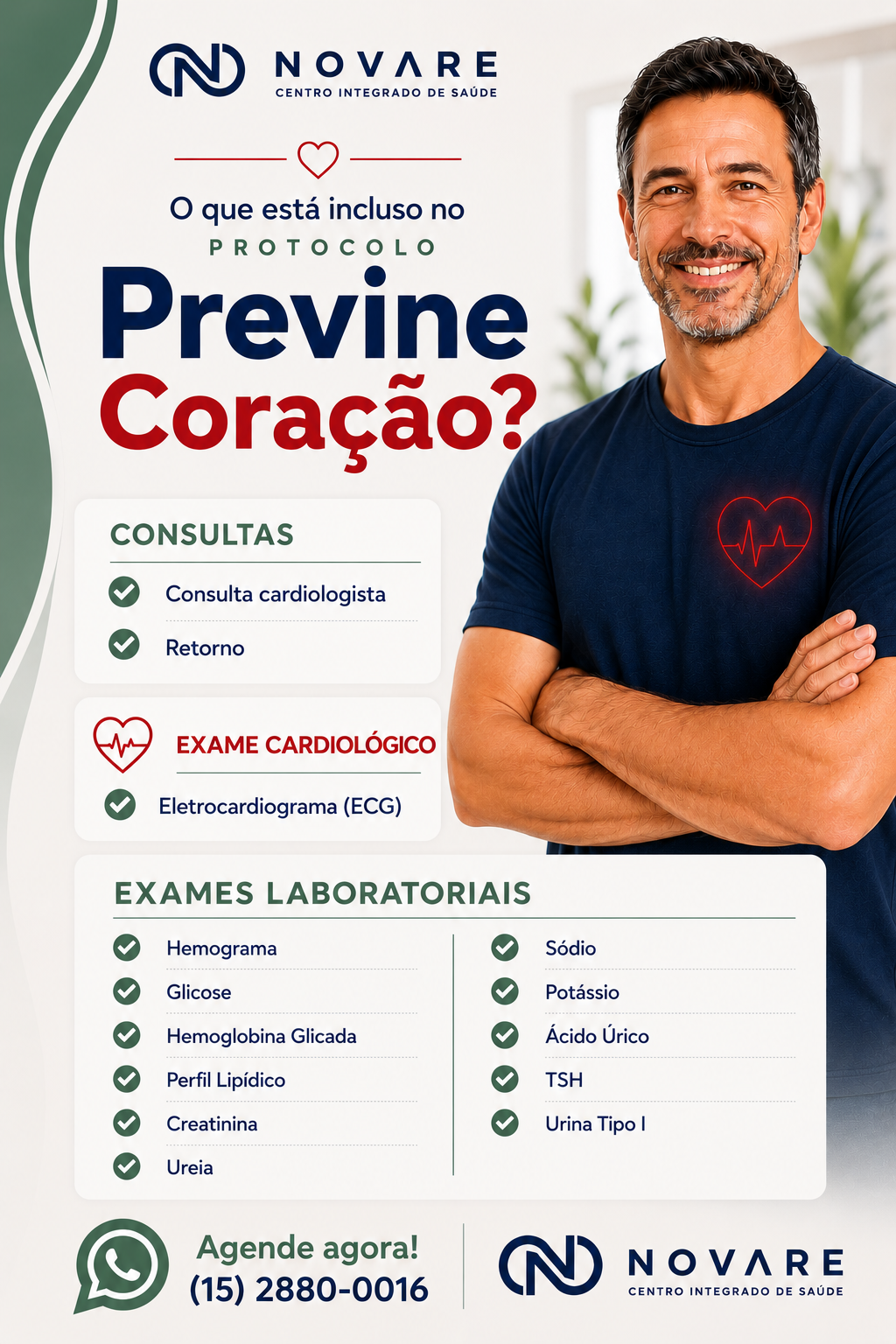 Resumo do Protocolo Previne Coração: consultas, ECG e exames laboratoriais — Novare, Tatuí/SP